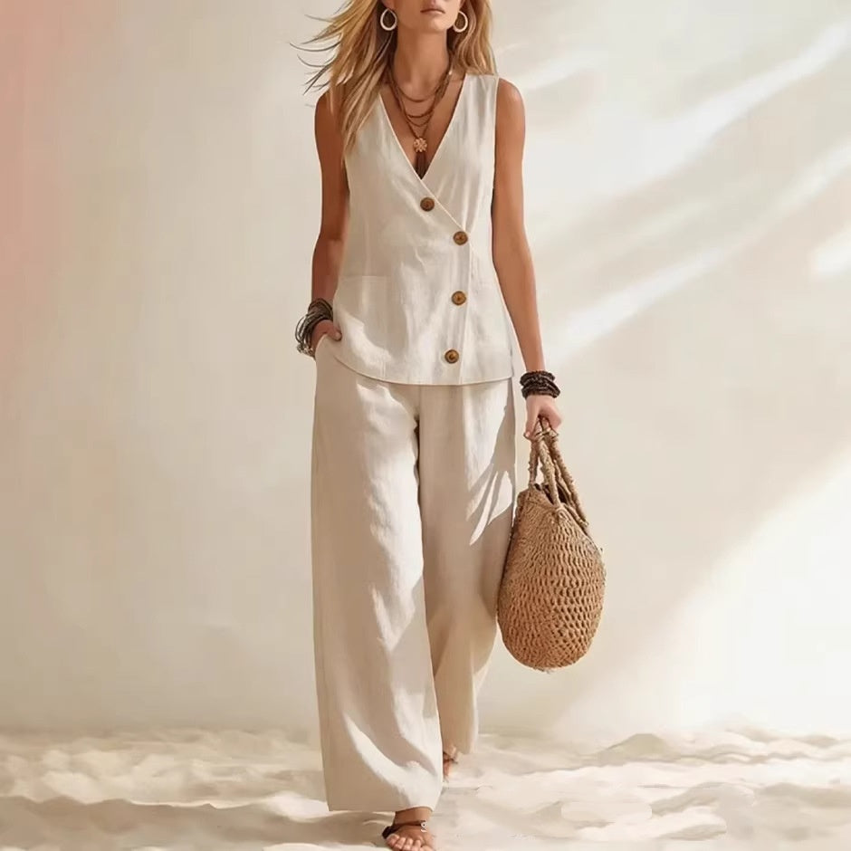 Button Up Vest Pants Combo