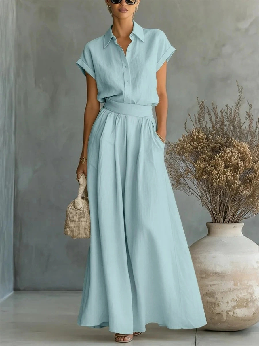 Fashionable Solid-Colored Shirt & Wide-Leg Pants Suit