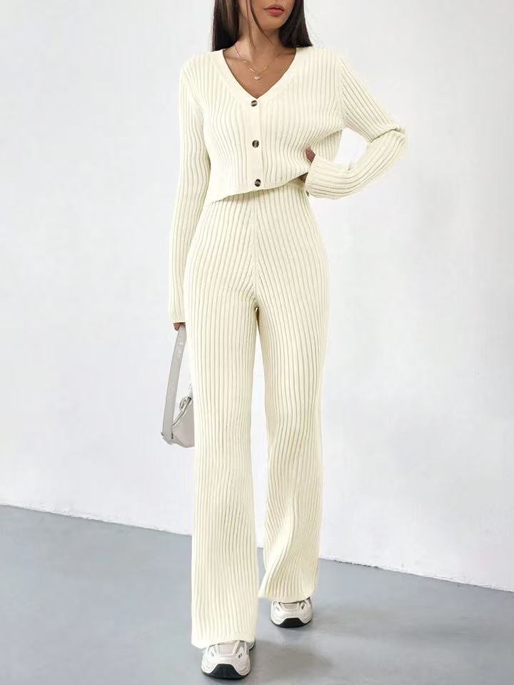 Versatile Knitted Cardigan Bootcut Trousers Suit