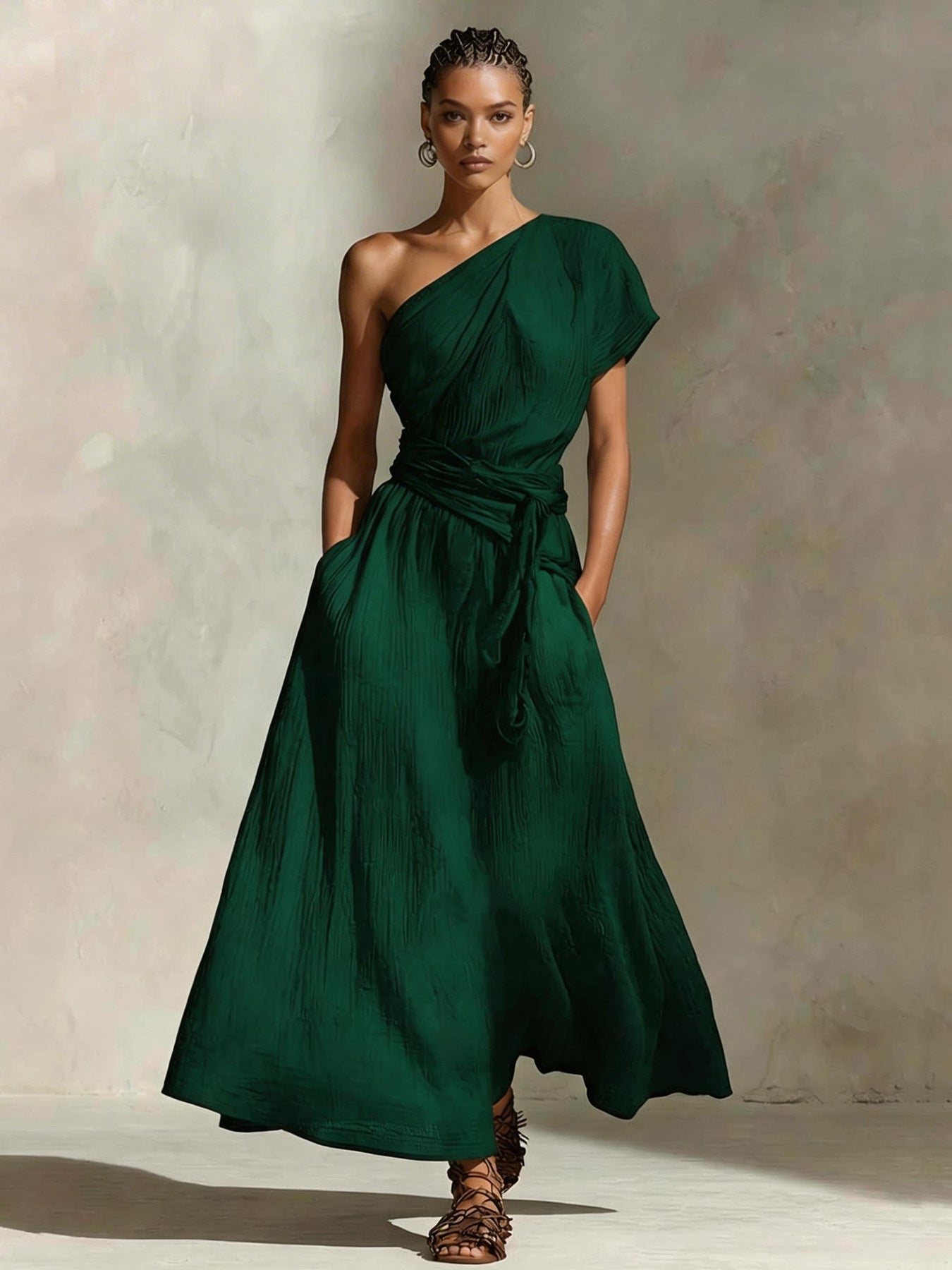 Long One-Shoulder Dress with Neckline & Waist Tie