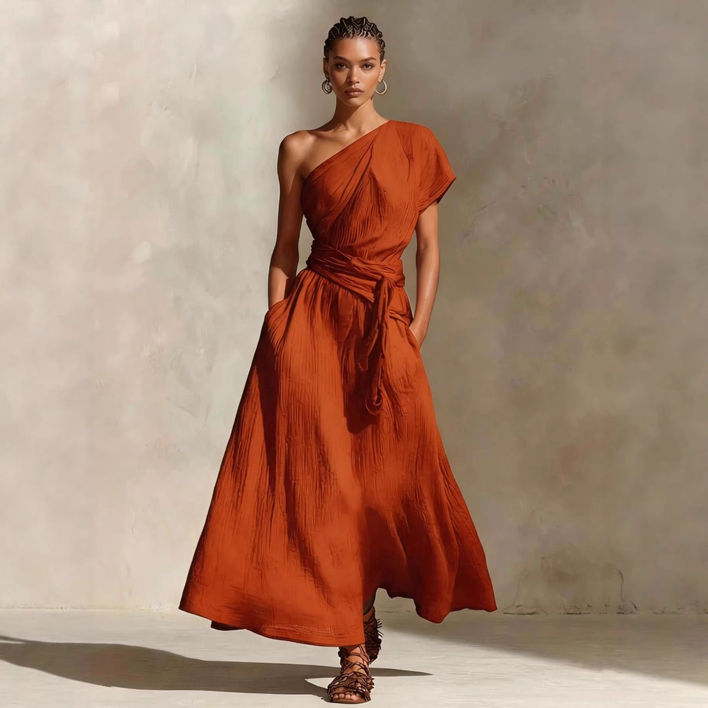 Long One-Shoulder Dress with Neckline & Waist Tie