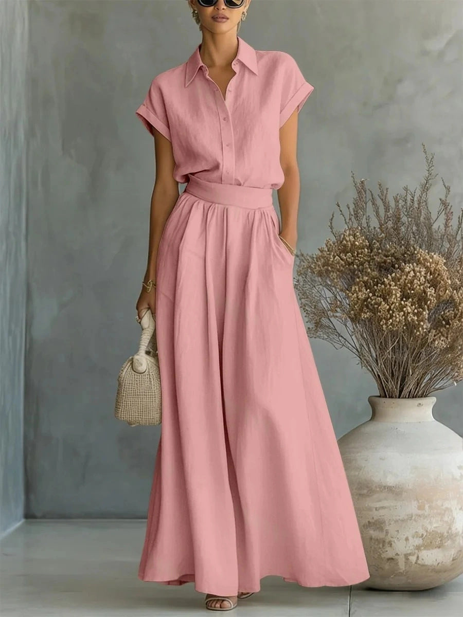 Fashionable Solid-Colored Shirt & Wide-Leg Pants Suit