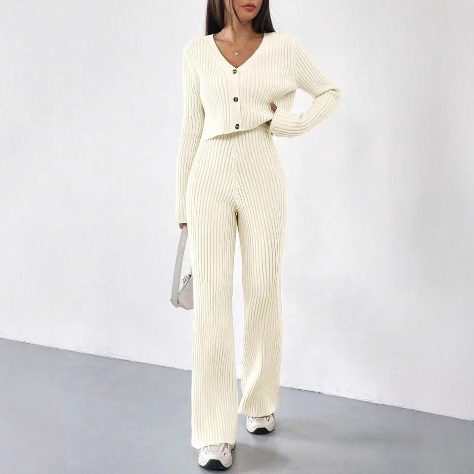 Versatile Knitted Cardigan Bootcut Trousers Suit