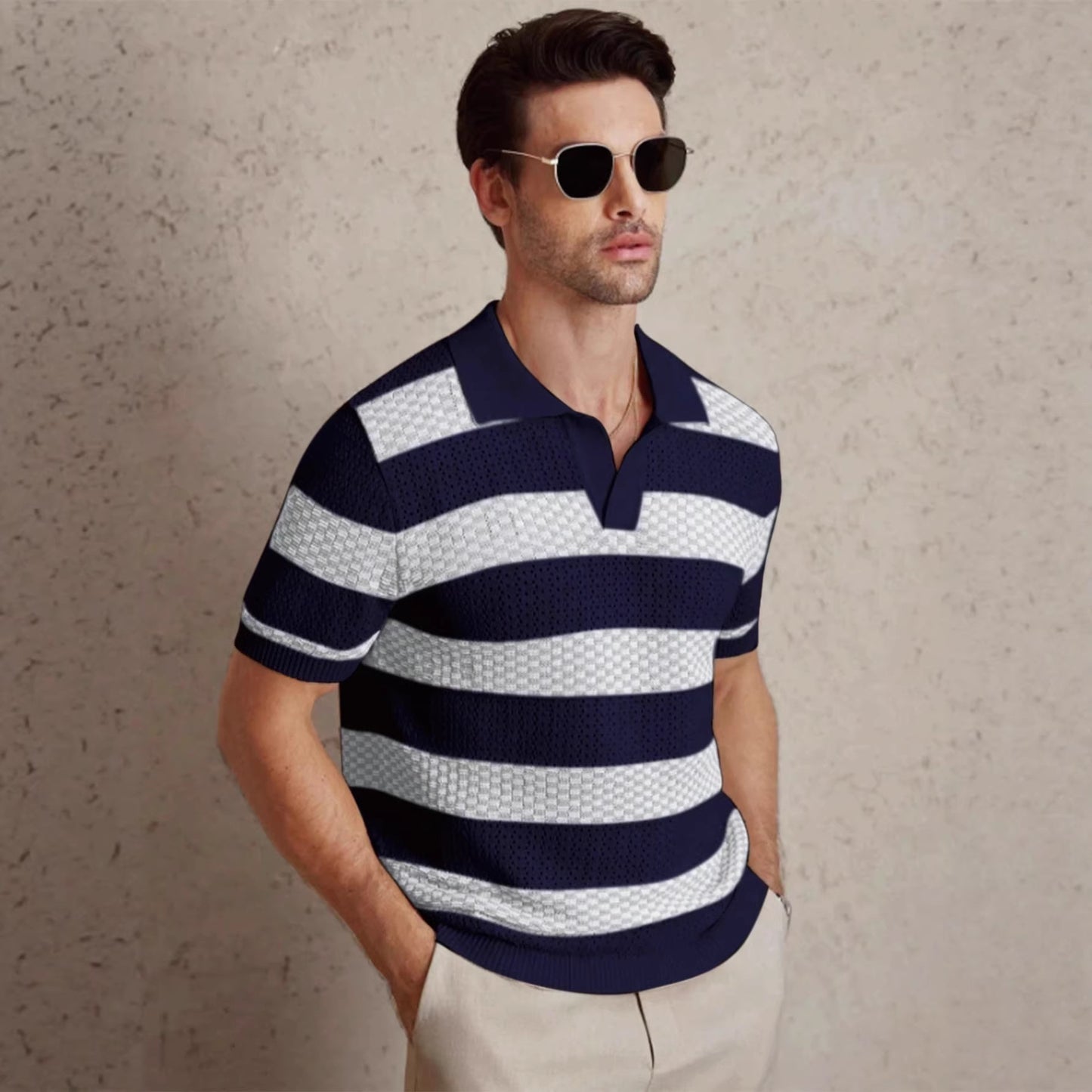 Mens Striped Knitted Short-Sleeve Polo T-Shirt