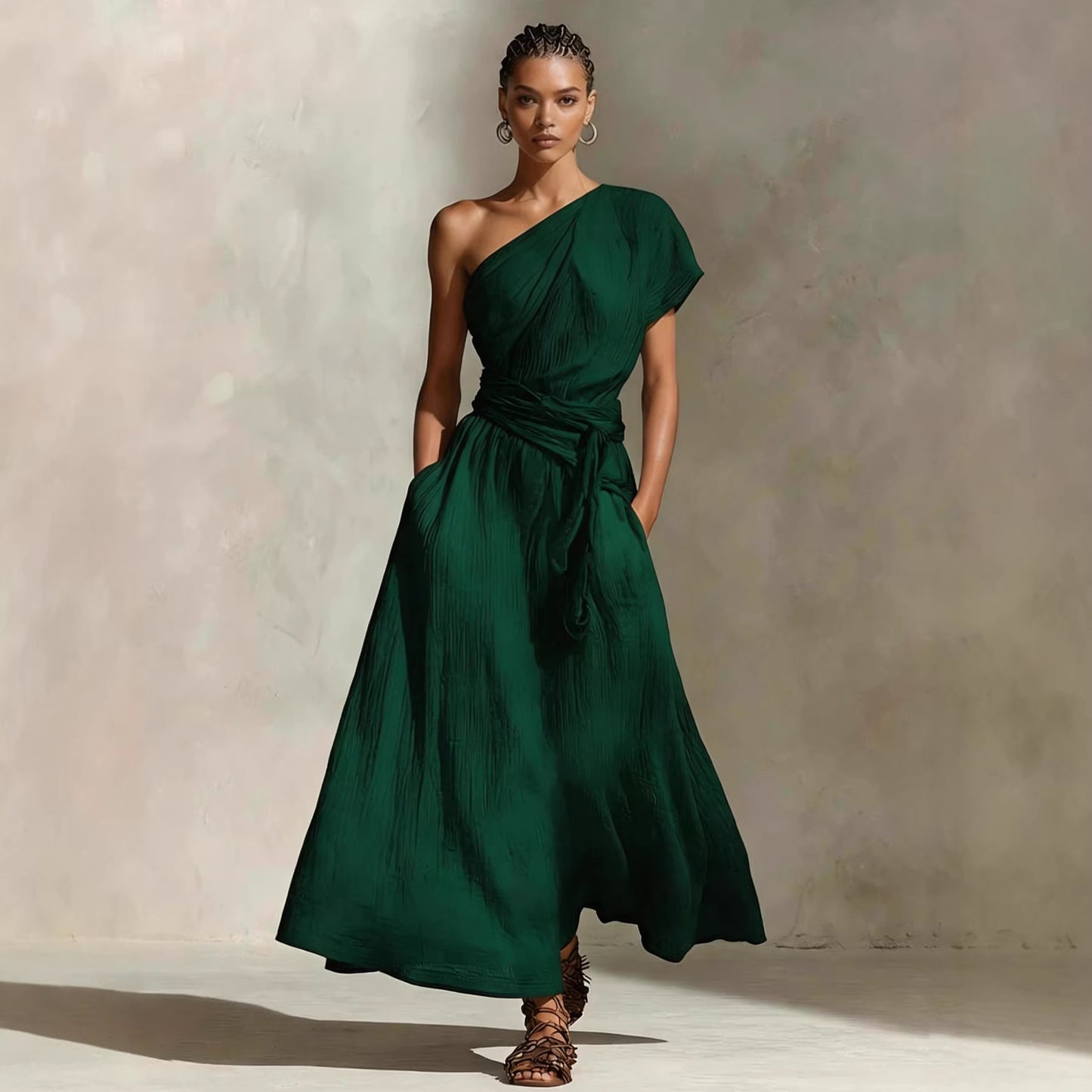 Long One-Shoulder Dress with Neckline & Waist Tie