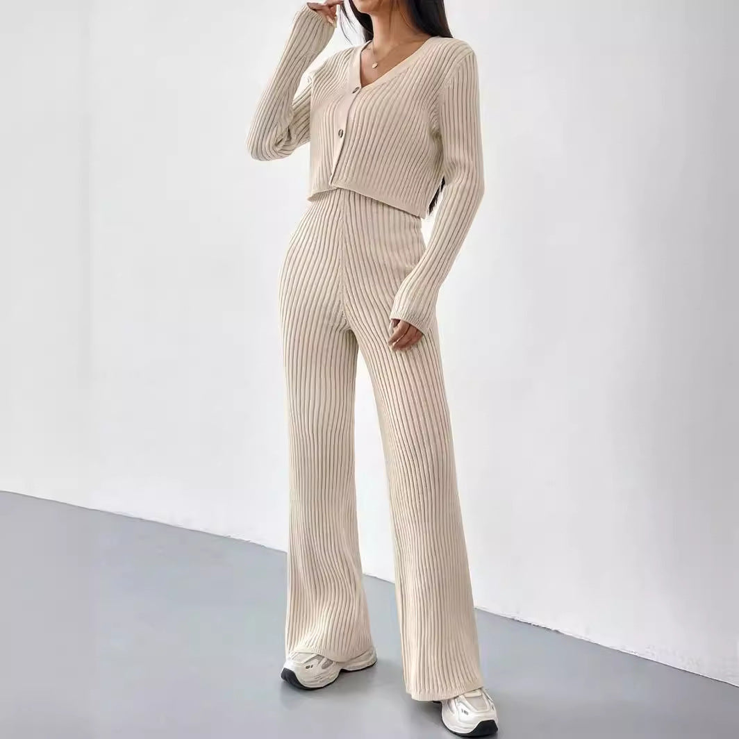 Sunken Stripe Knit Top & Straight Pants Combo