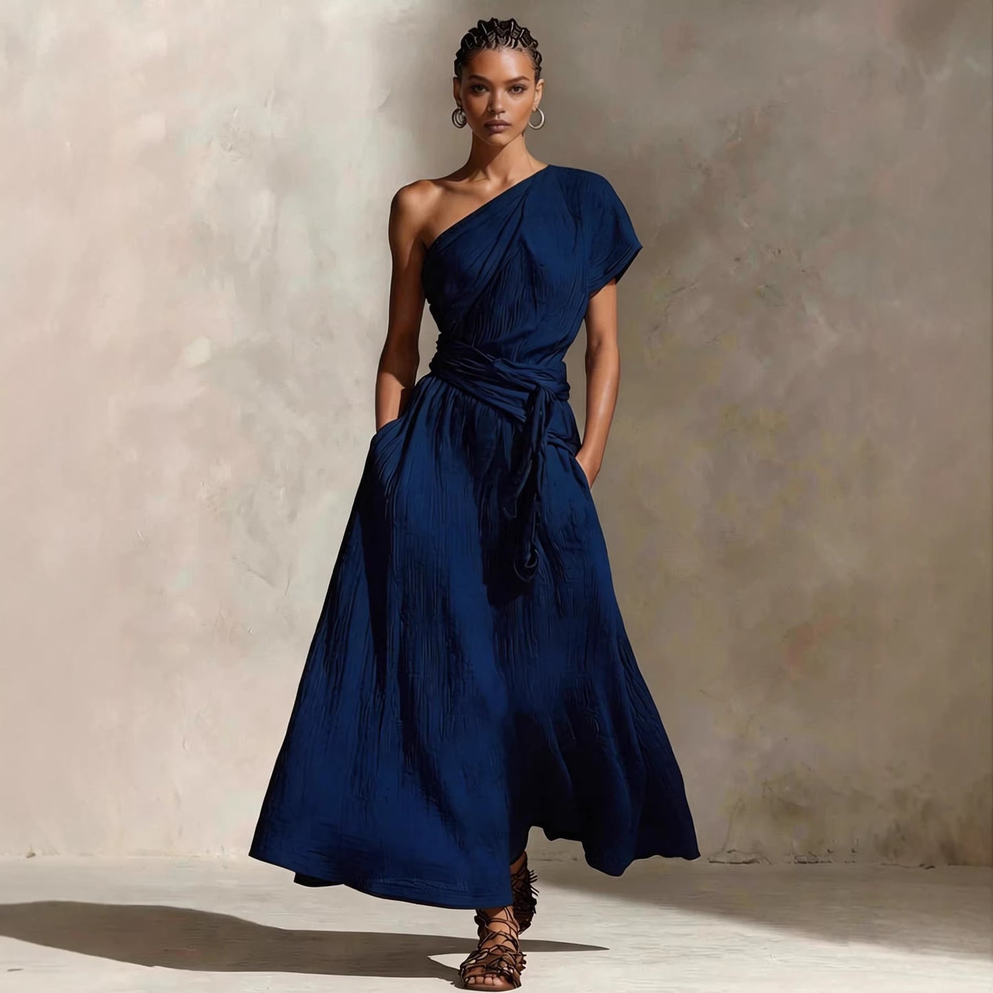 Long One-Shoulder Dress with Neckline & Waist Tie