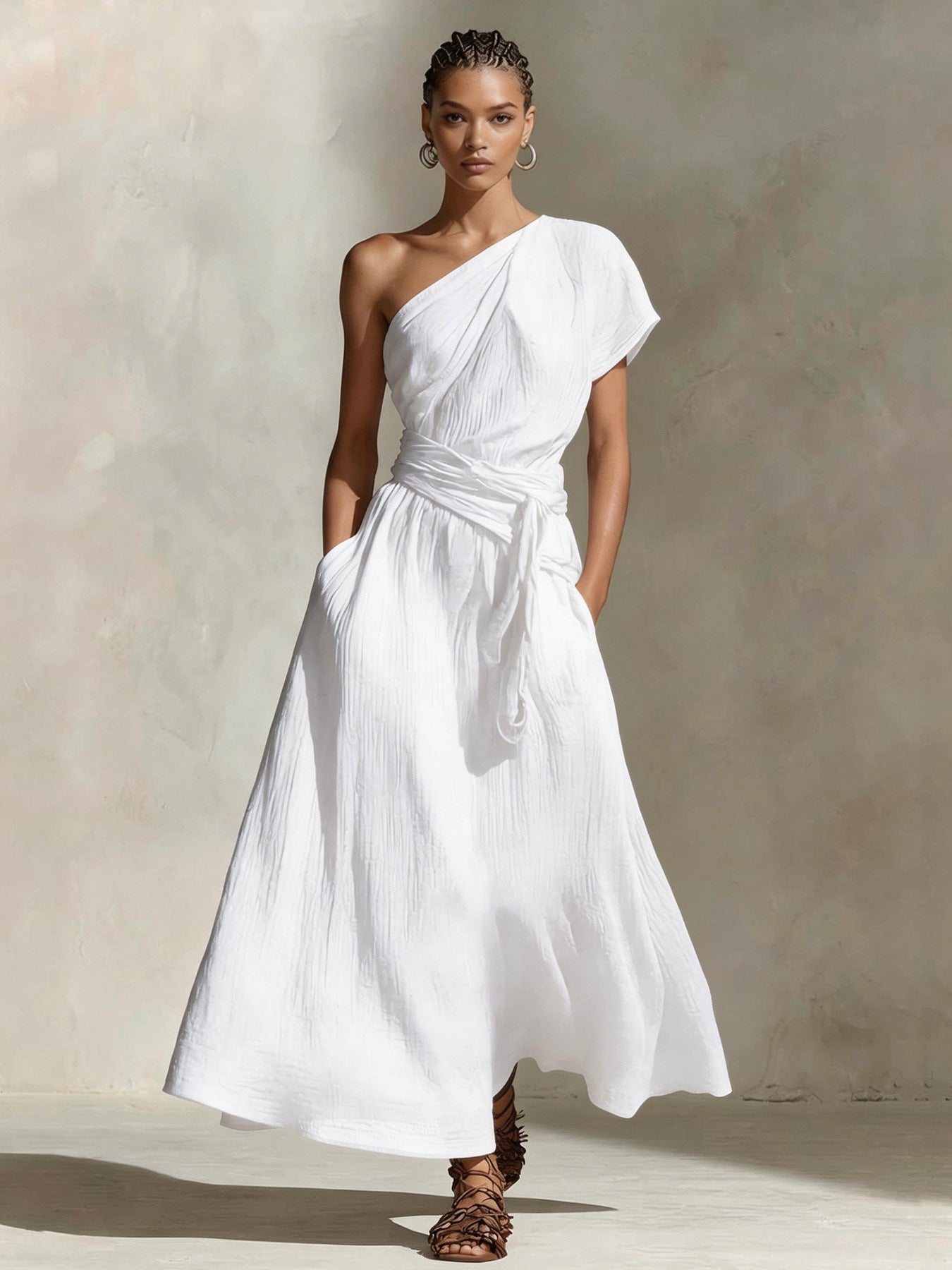 Long One-Shoulder Dress with Neckline & Waist Tie