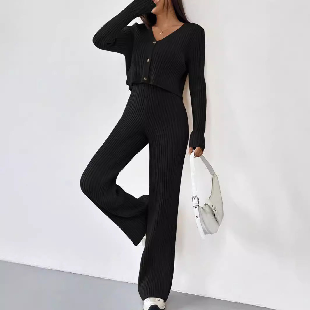 Versatile Knitted Cardigan Bootcut Trousers Suit