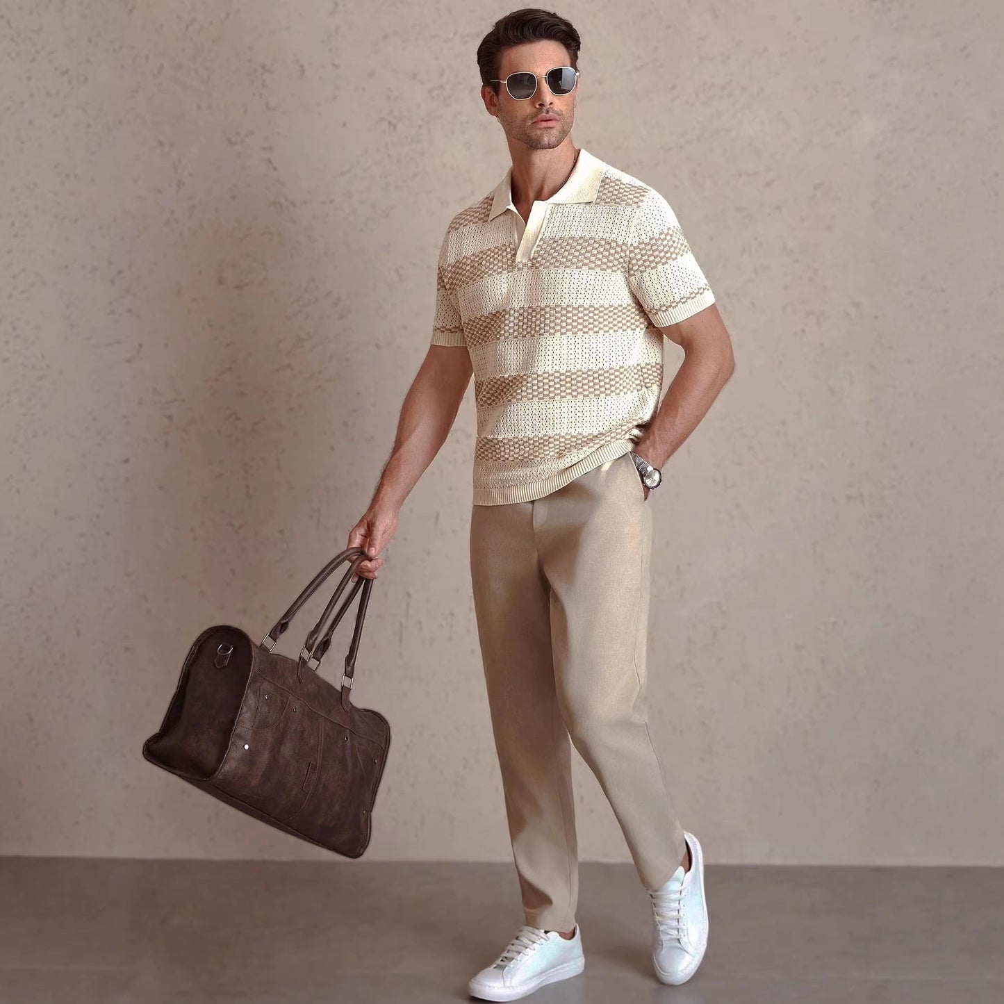 Mens Striped Knitted Short-Sleeve Polo T-Shirt