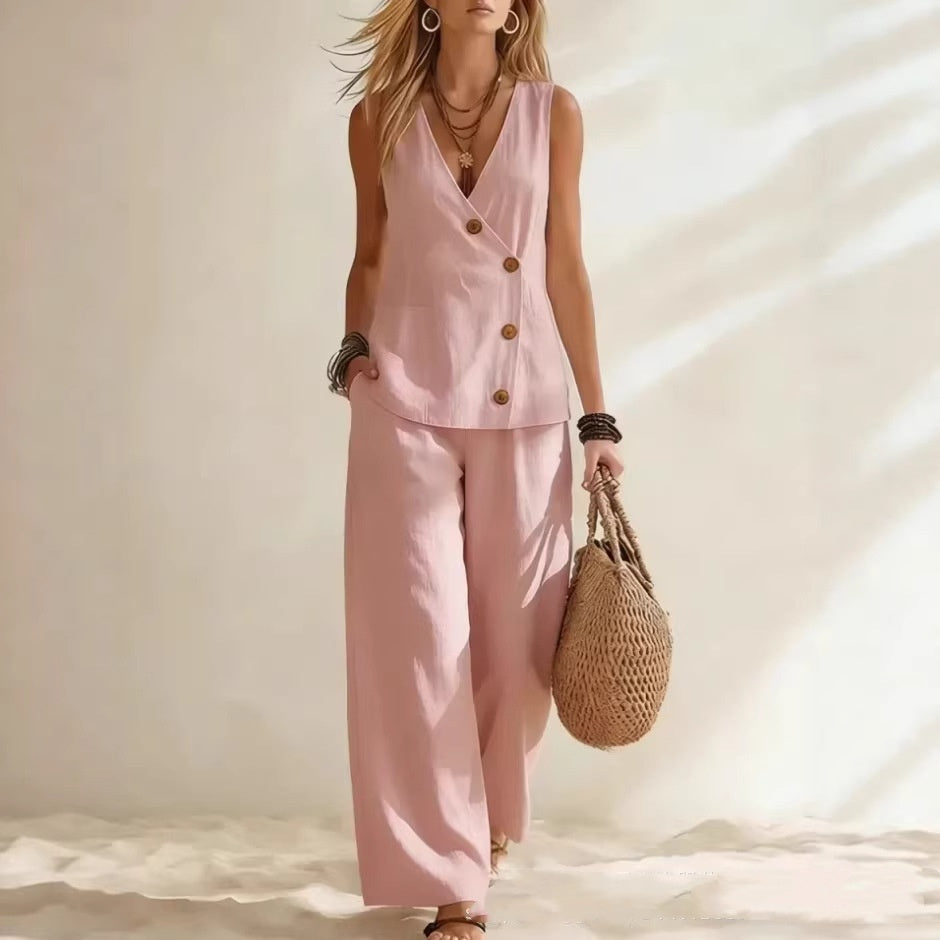 Button Up Vest Pants Combo