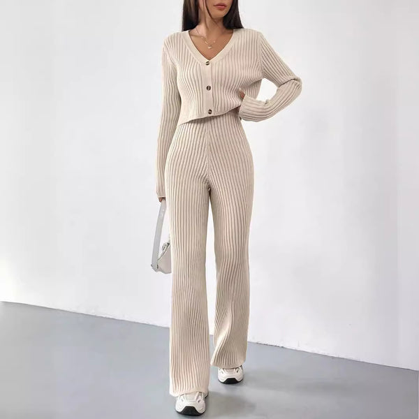 Versatile Knitted Cardigan Bootcut Trousers Suit