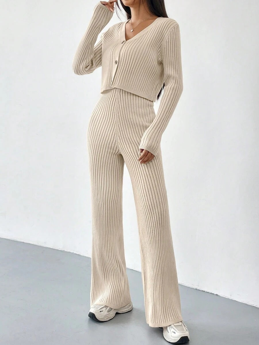 Sunken Stripe Knit Top & Straight Pants Combo