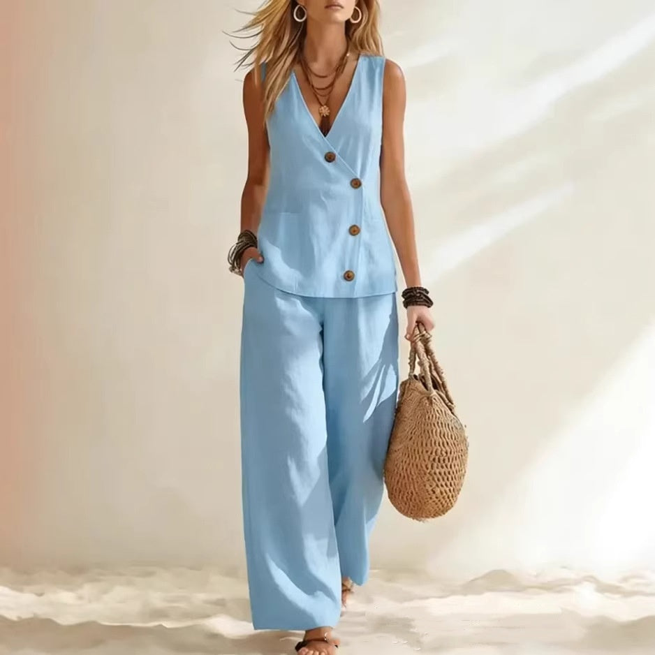 Button Up Vest Pants Combo