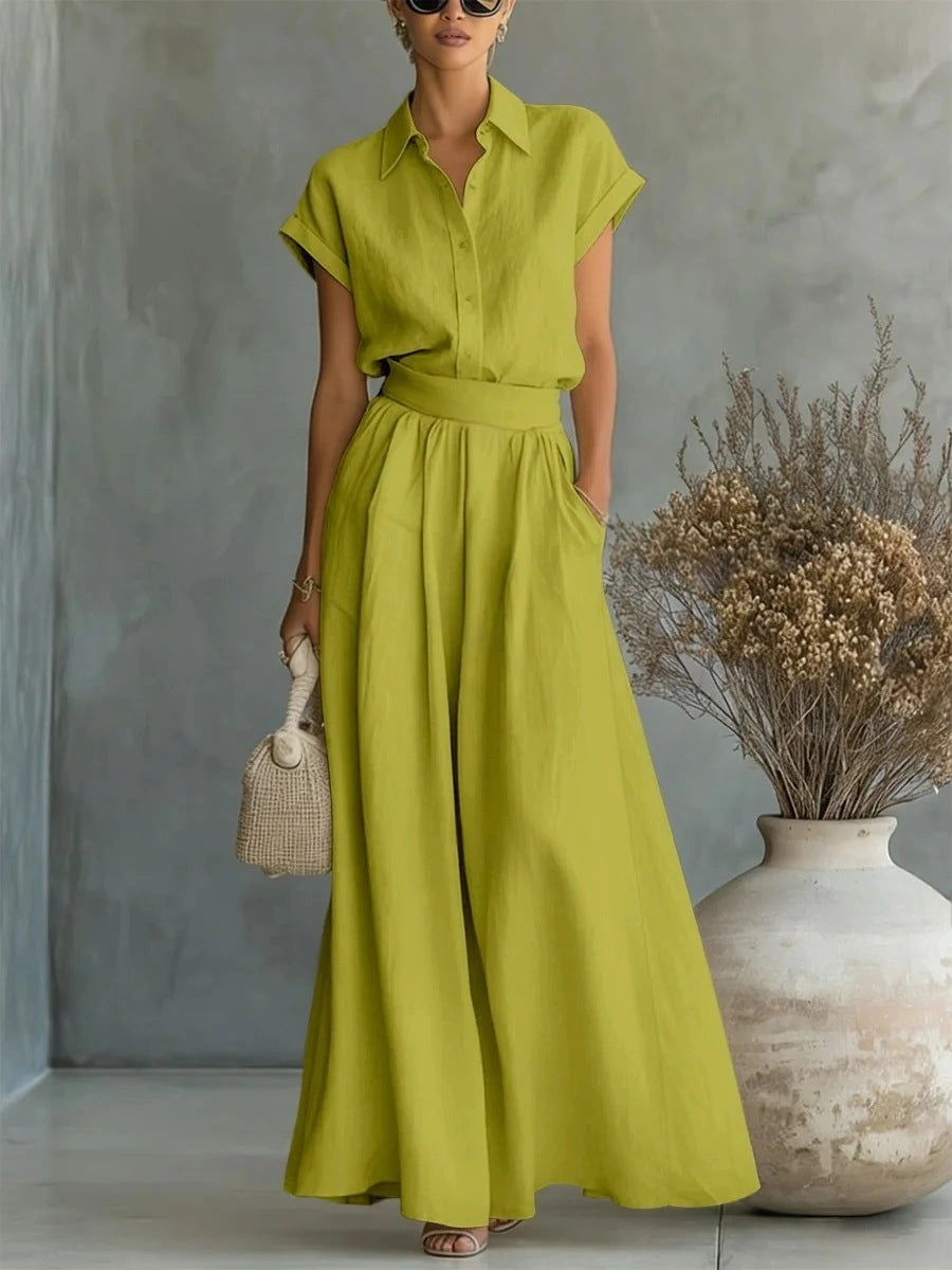 Fashionable Solid-Colored Shirt & Wide-Leg Pants Suit