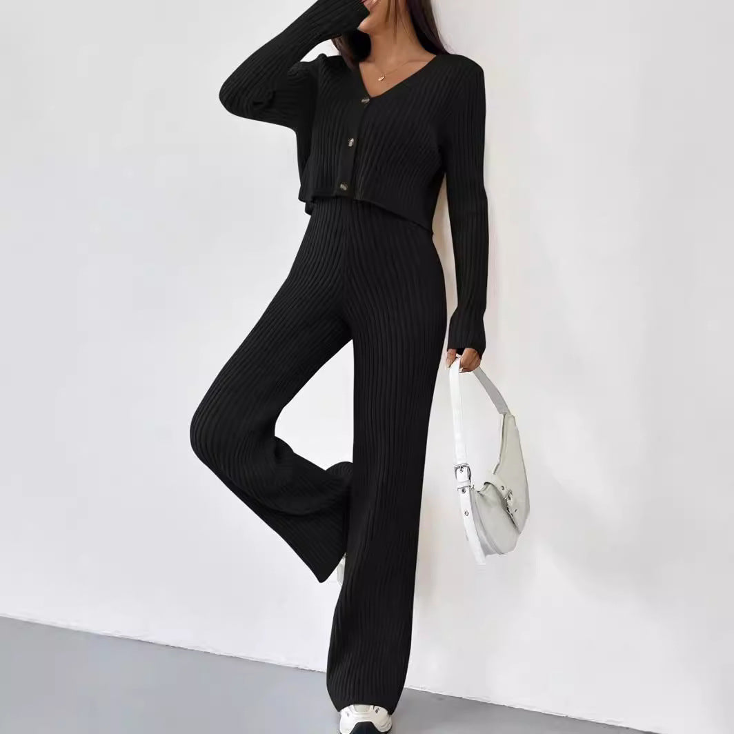 Sunken Stripe Knit Top & Straight Pants Combo
