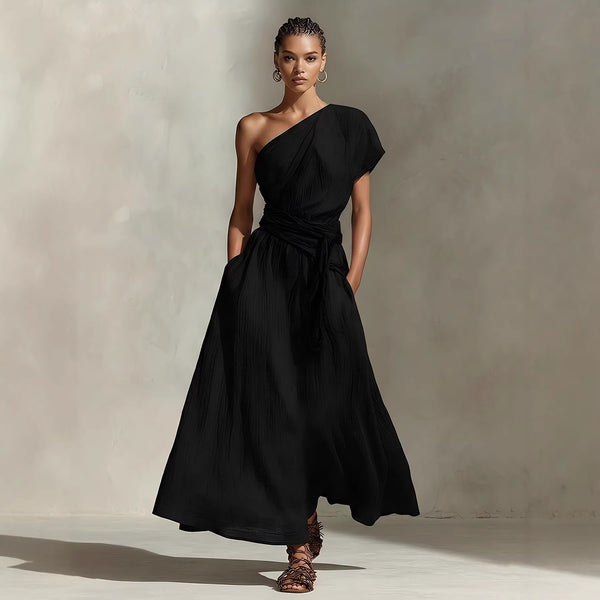 Long One-Shoulder Dress with Neckline & Waist Tie