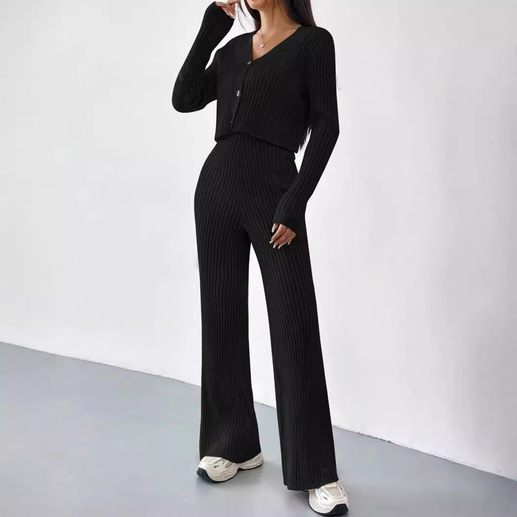 Sunken Stripe Knit Top & Straight Pants Combo