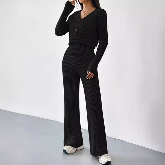 Sunken Stripe Knit Top & Straight Pants Combo
