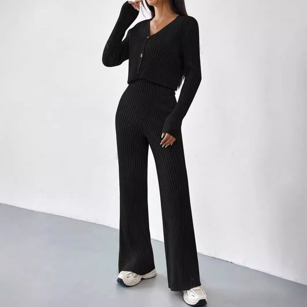 Sunken Stripe Knit Top & Straight Pants Combo