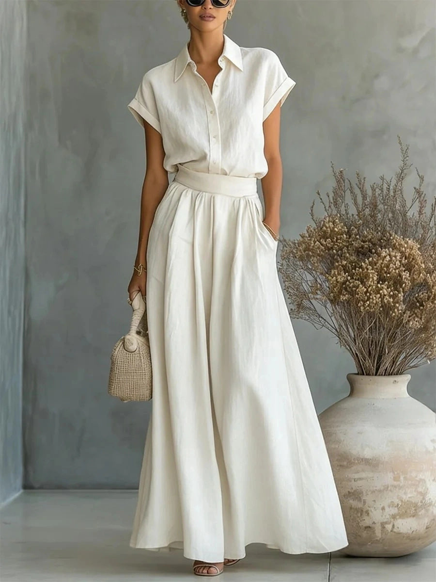 Fashionable Solid-Colored Shirt & Wide-Leg Pants Suit