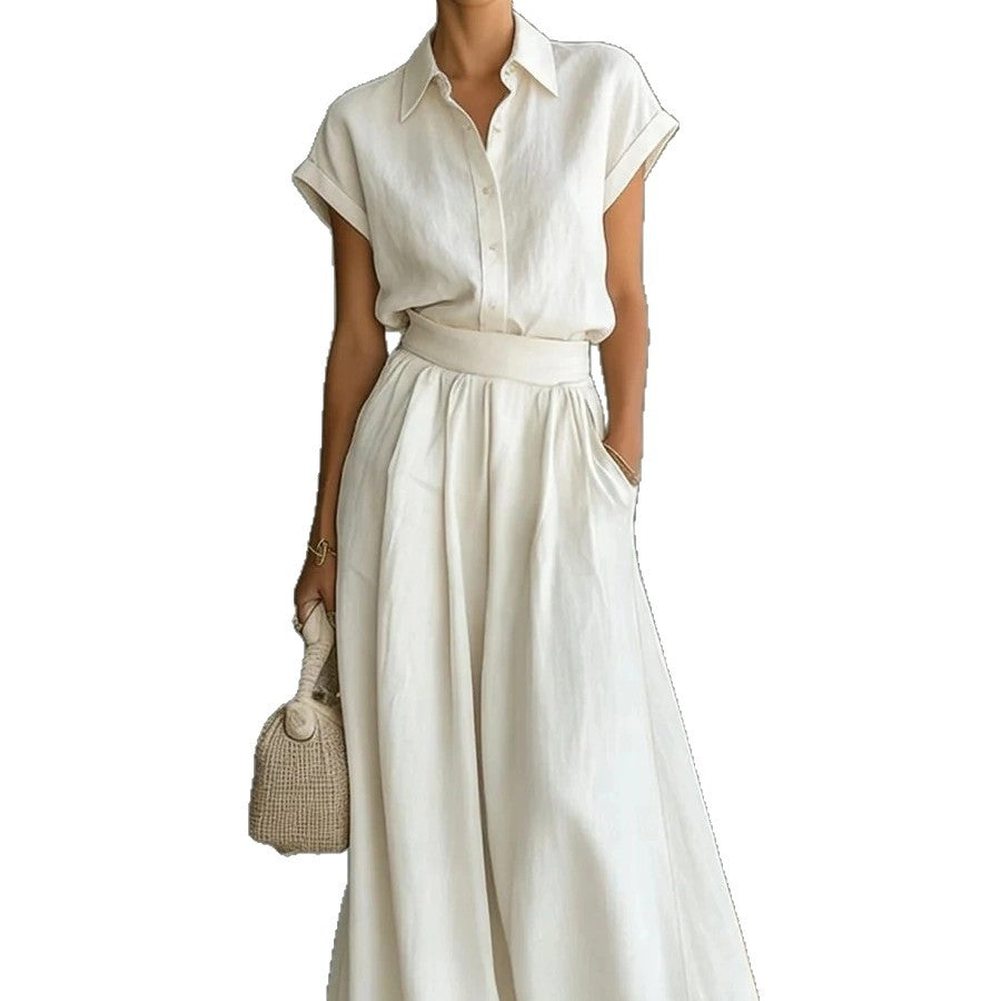 Fashionable Solid-Colored Shirt & Wide-Leg Pants Suit