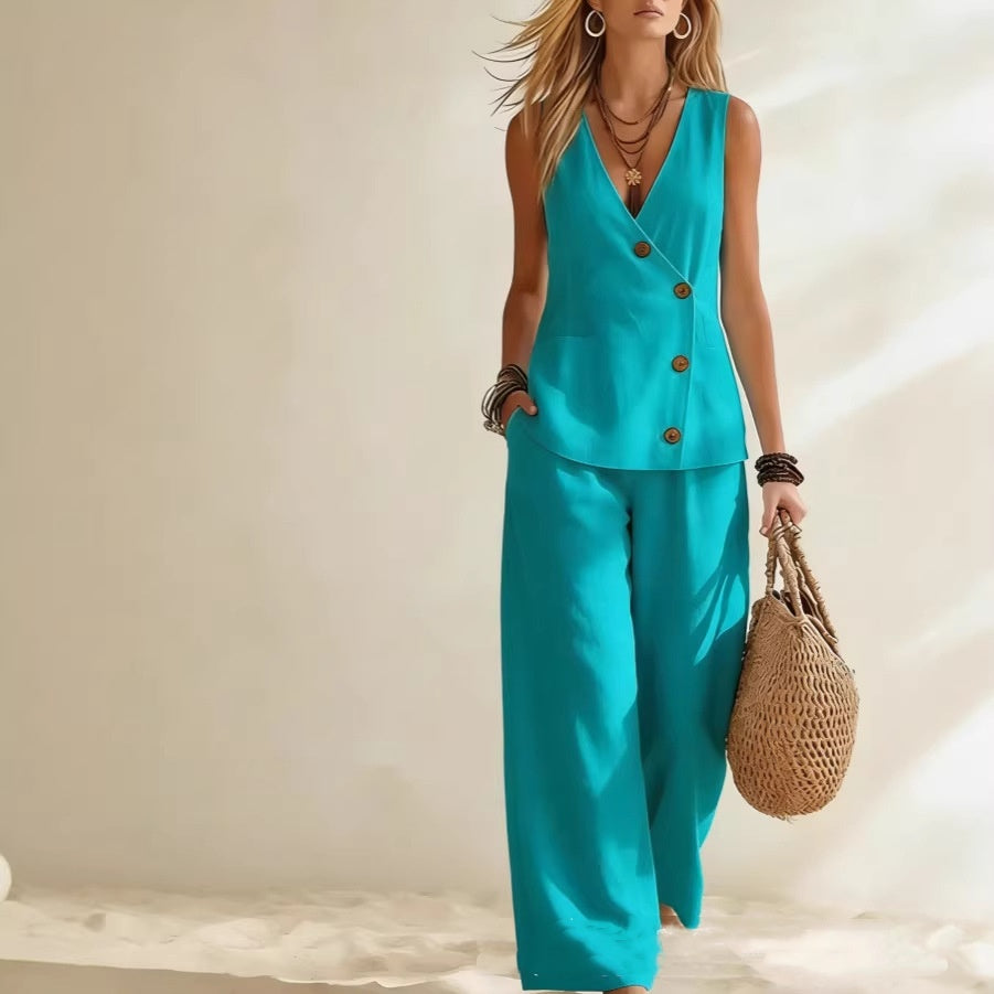 Button Up Vest Pants Combo