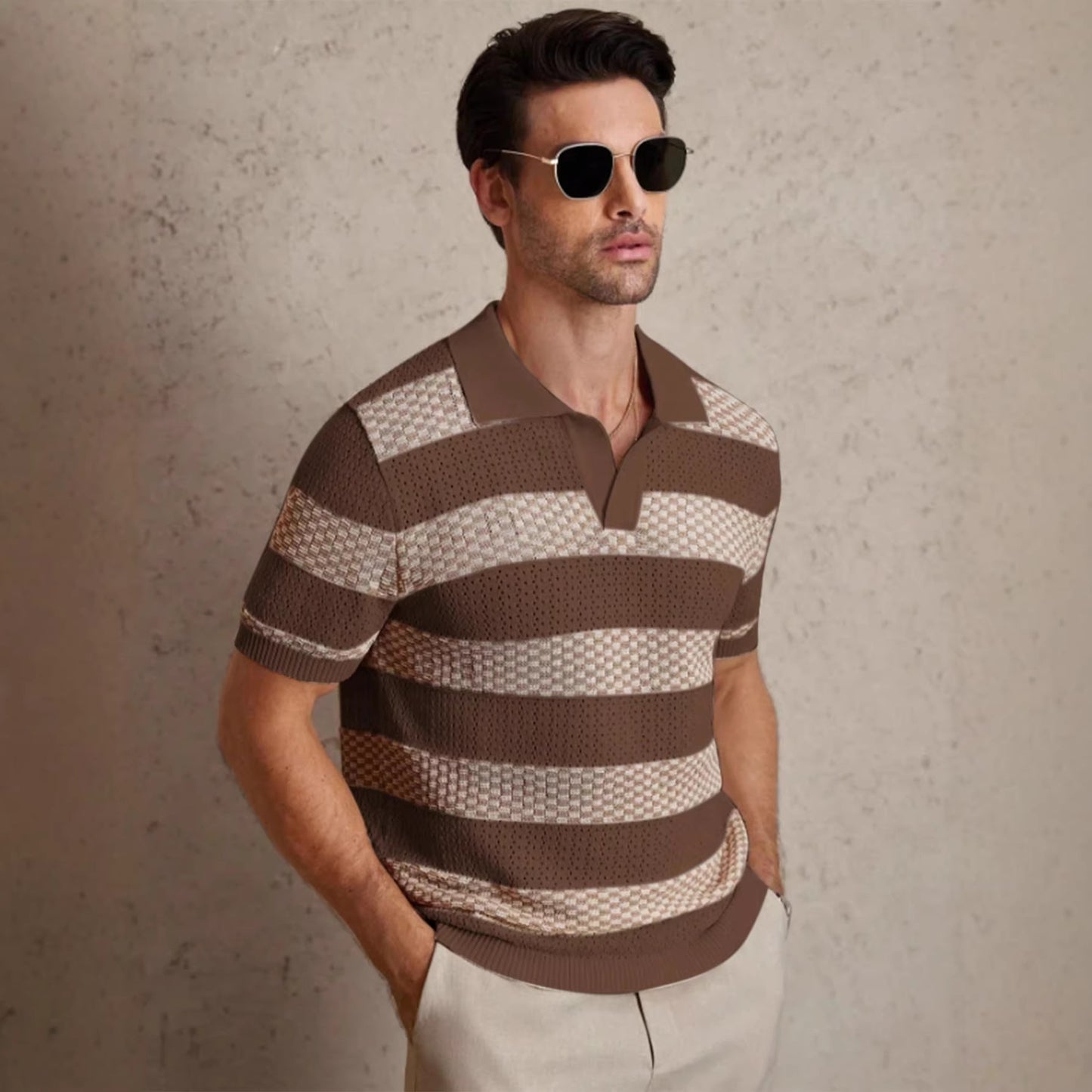 Mens Striped Knitted Short-Sleeve Polo T-Shirt