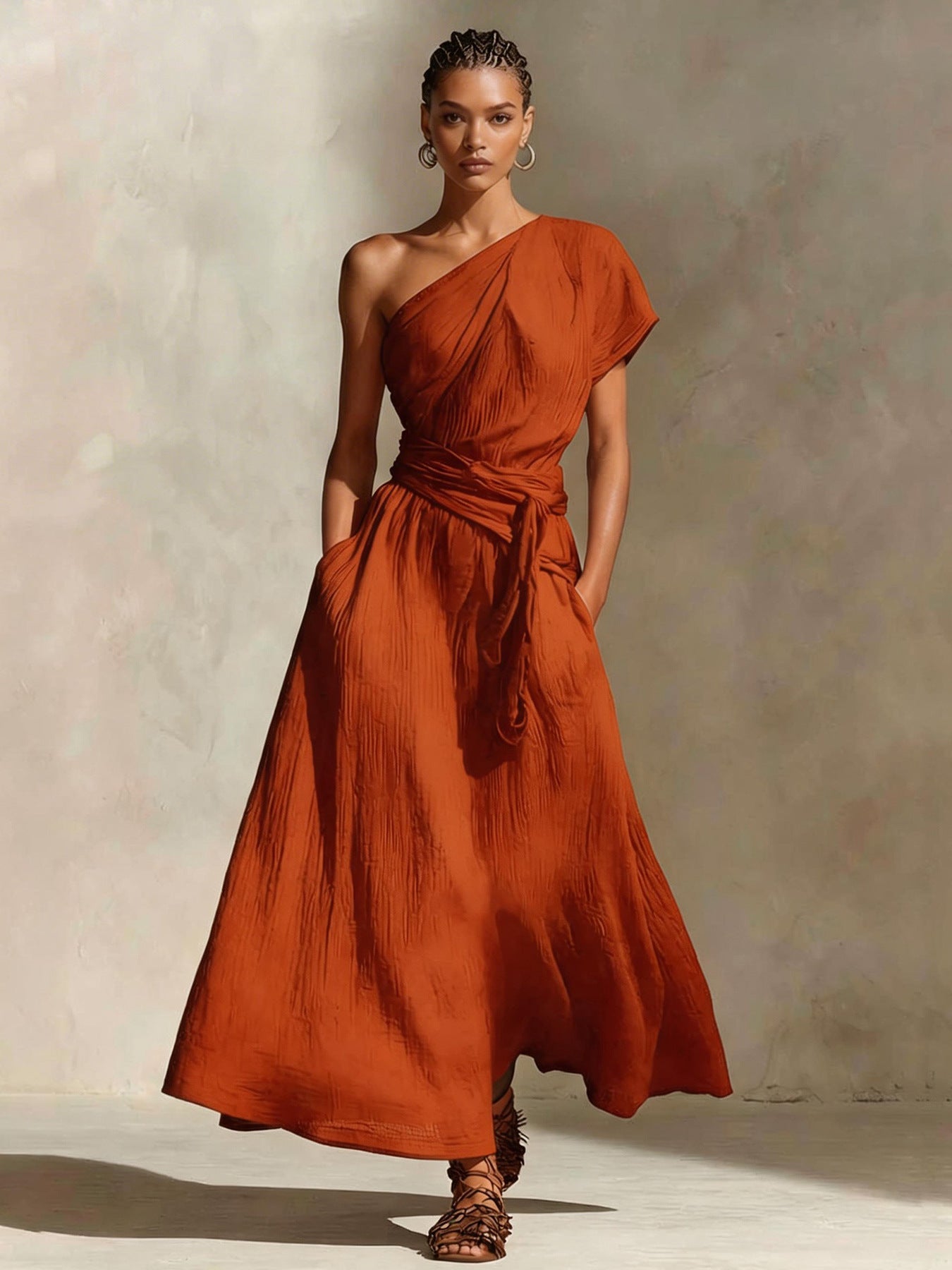 Long One-Shoulder Dress with Neckline & Waist Tie
