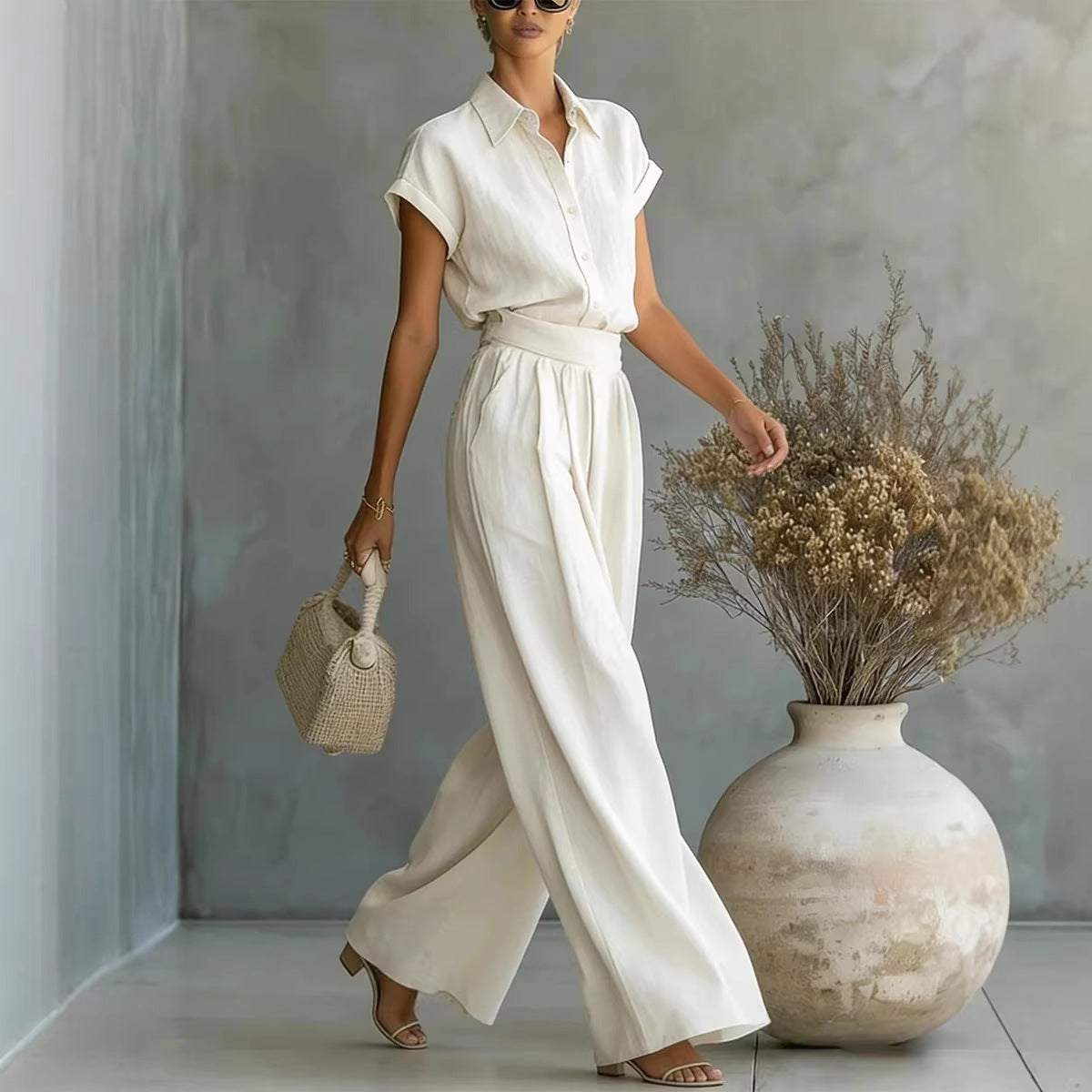 Fashionable Solid-Colored Shirt & Wide-Leg Pants Suit