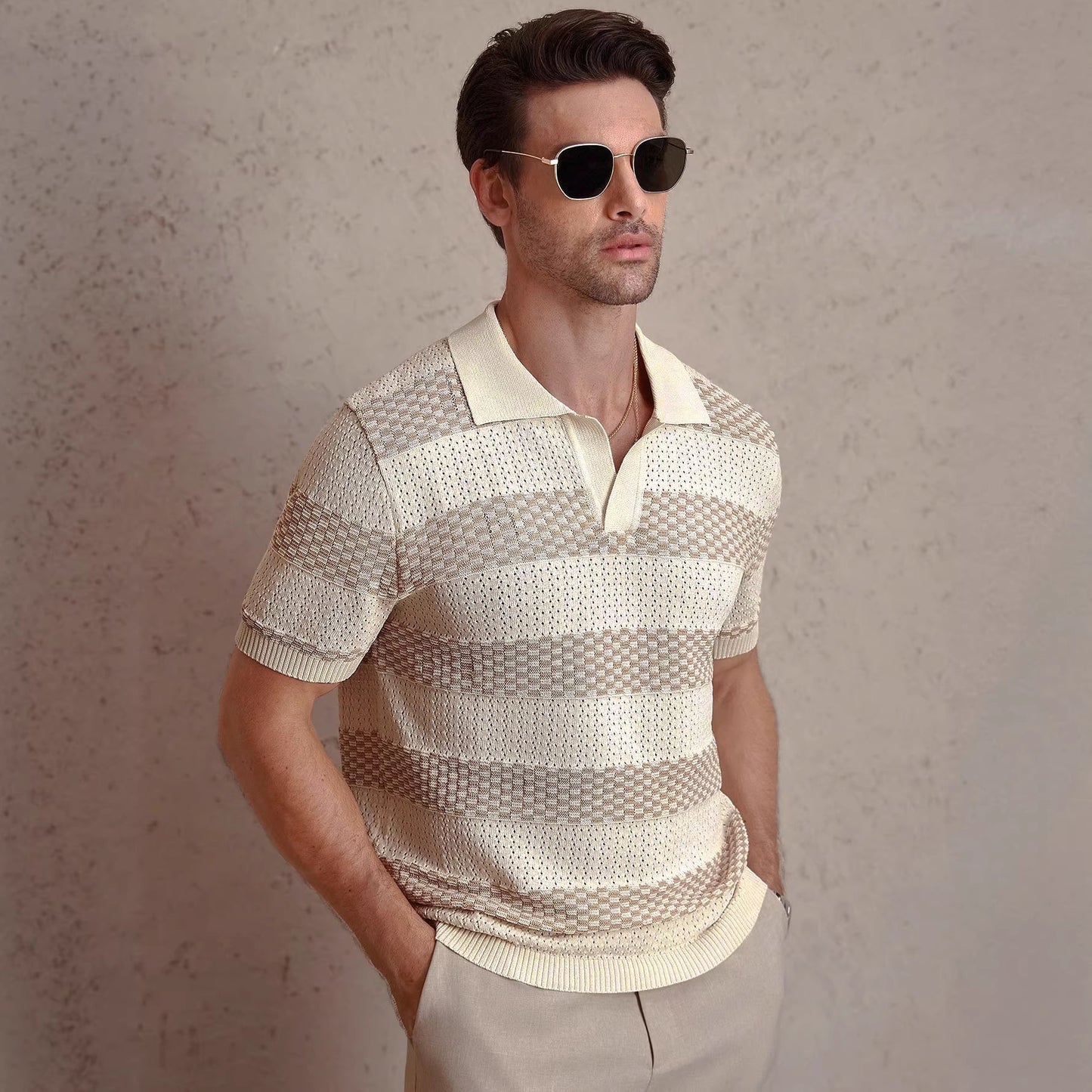 Mens Striped Knitted Short-Sleeve Polo T-Shirt
