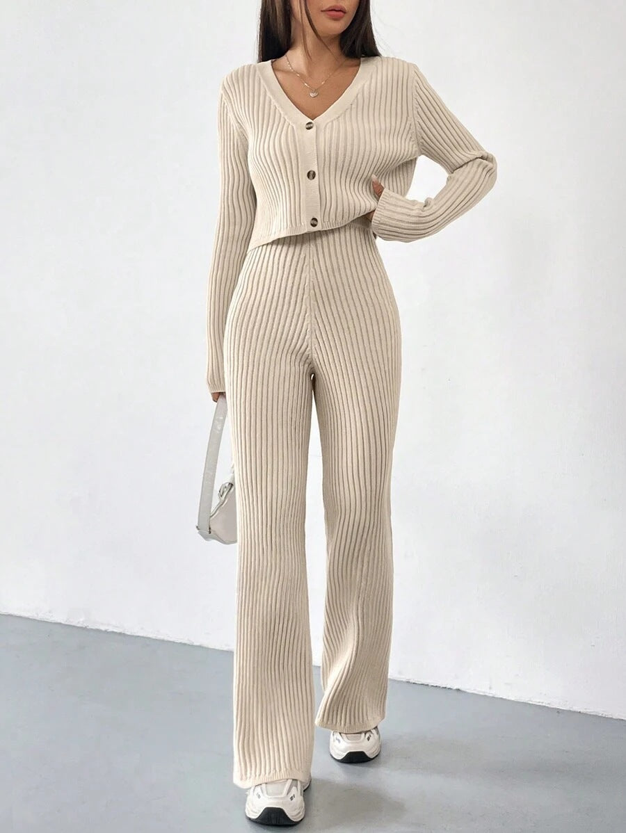 Versatile Knitted Cardigan Bootcut Trousers Suit