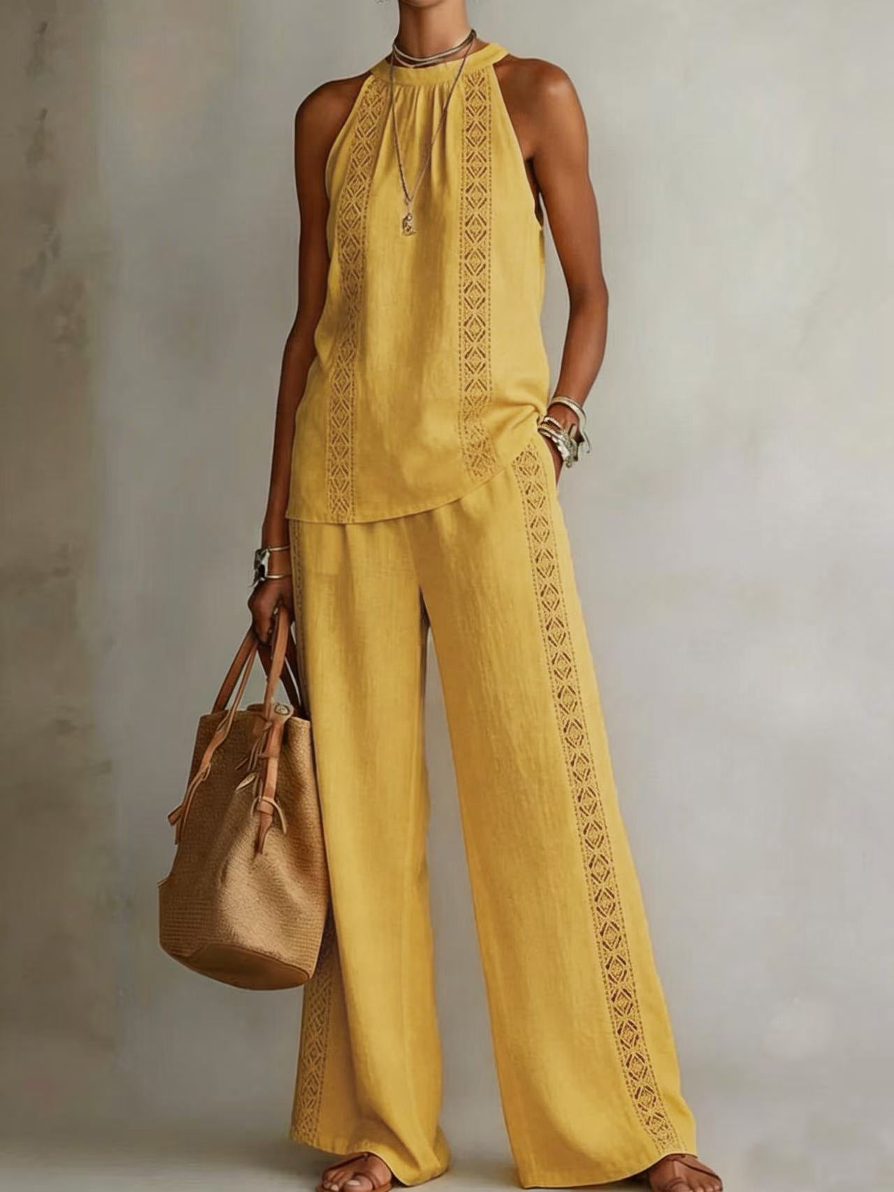 Retro Top And Wide-Leg Pants Suit Dress