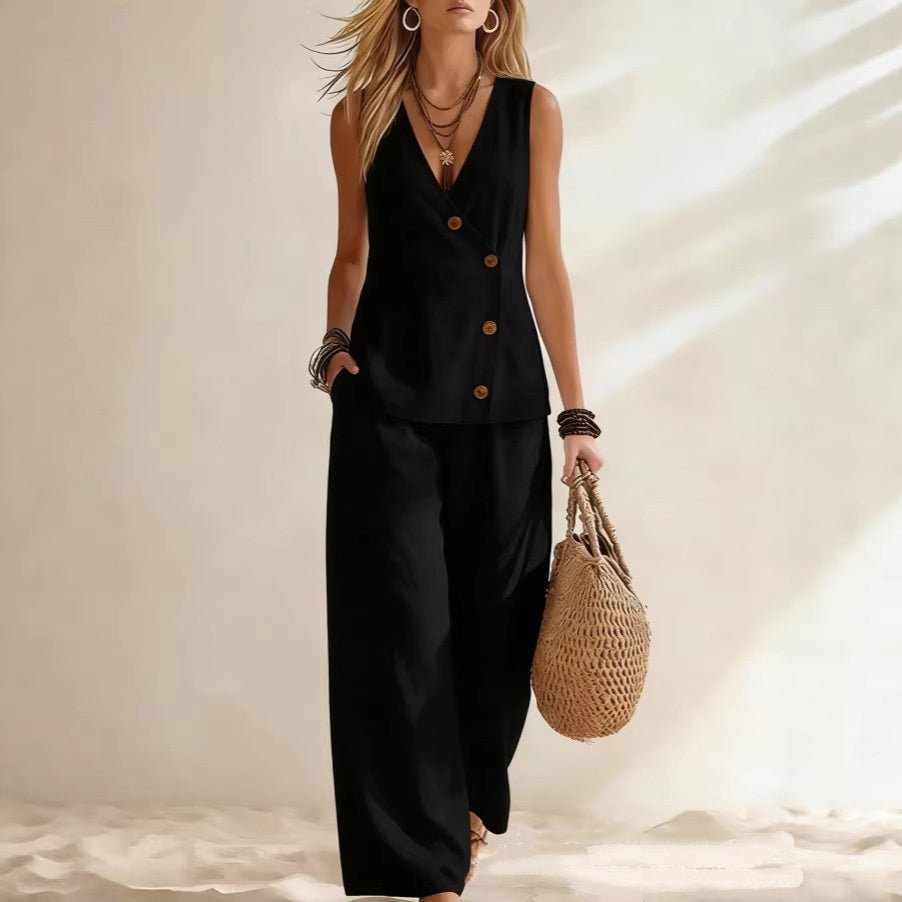 Button Up Vest Pants Combo