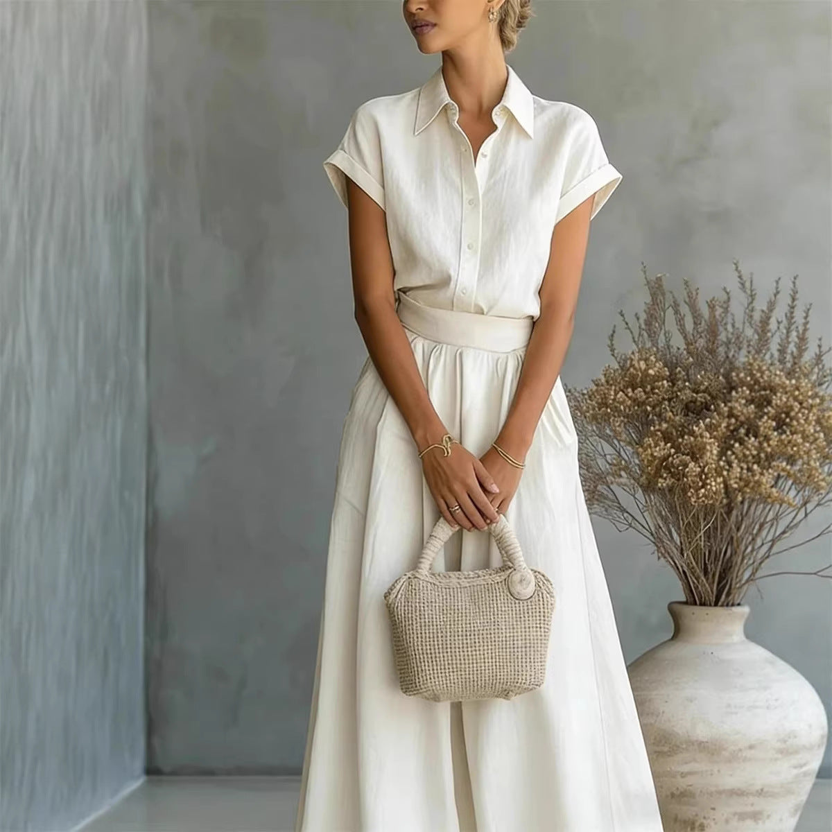 Fashionable Solid-Colored Shirt & Wide-Leg Pants Suit