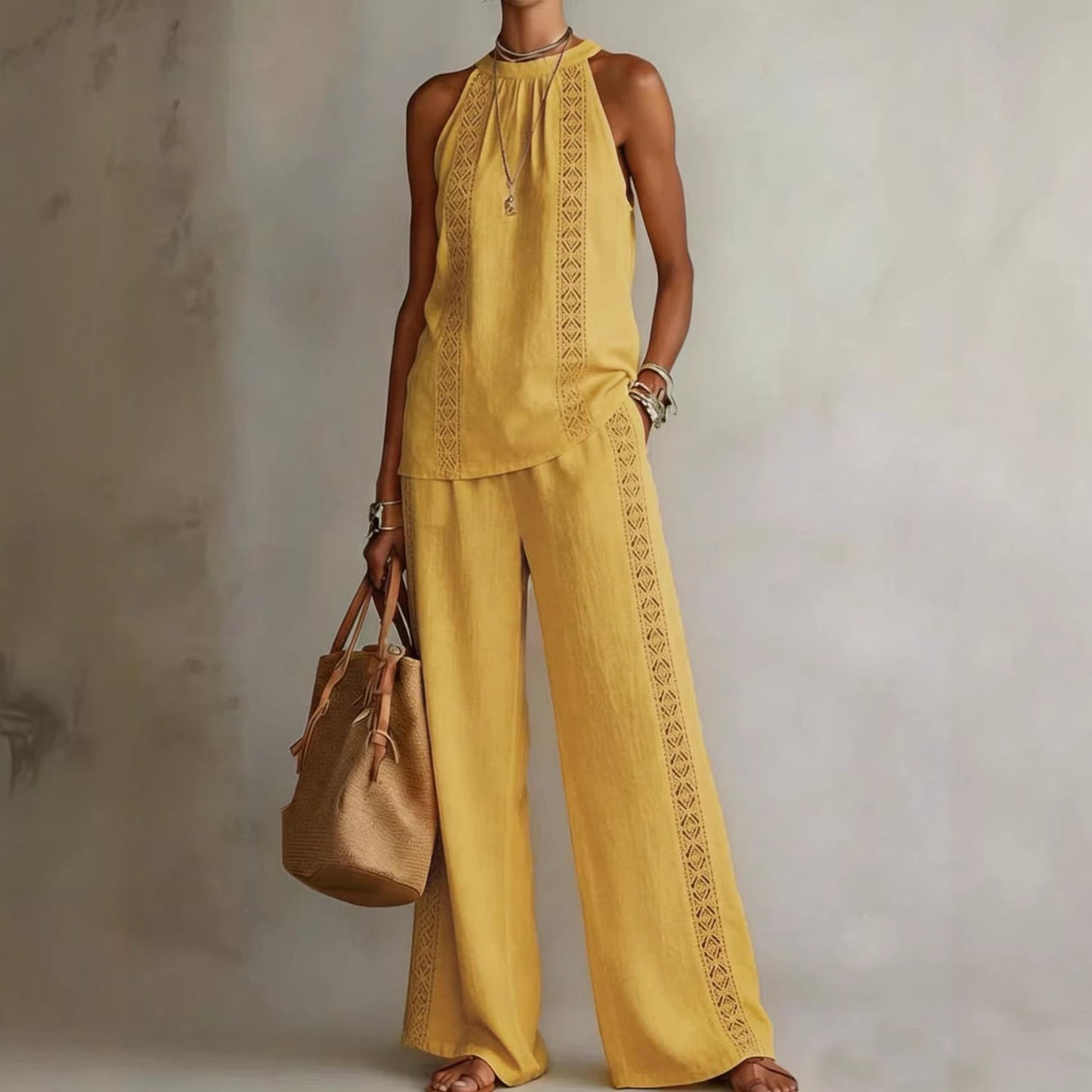 Retro Top And Wide-Leg Pants Suit Dress