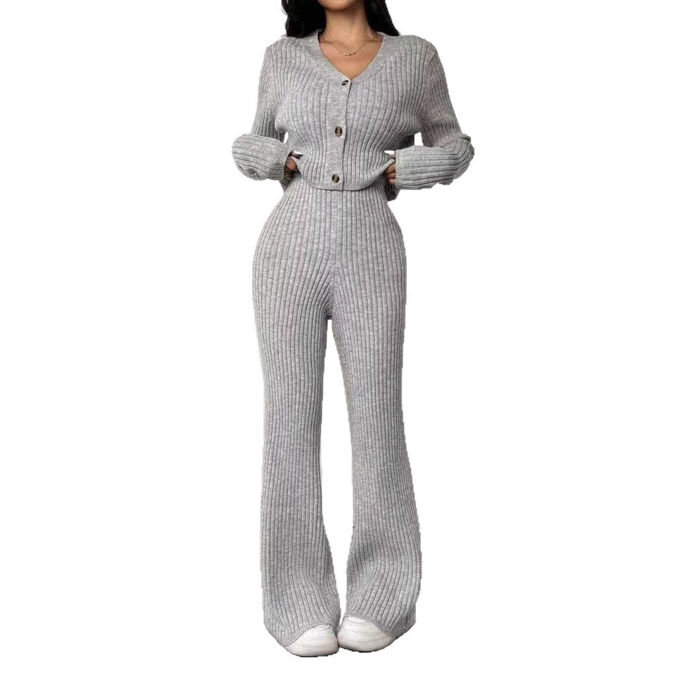 Versatile Knitted Cardigan Bootcut Trousers Suit