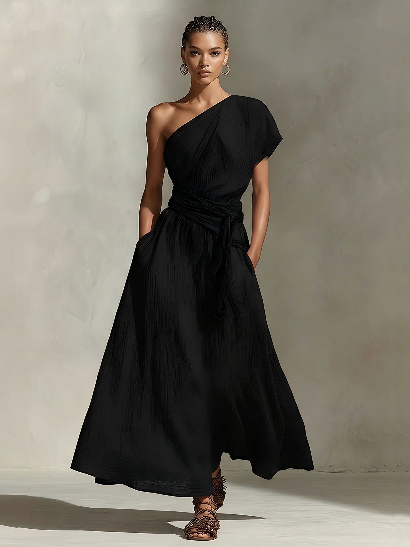 Long One-Shoulder Dress with Neckline & Waist Tie