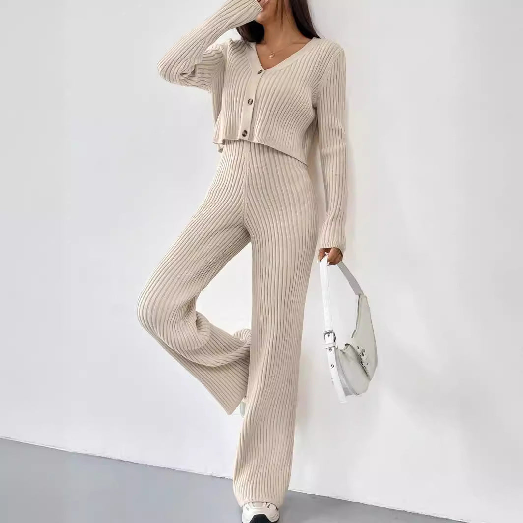 Versatile Knitted Cardigan Bootcut Trousers Suit