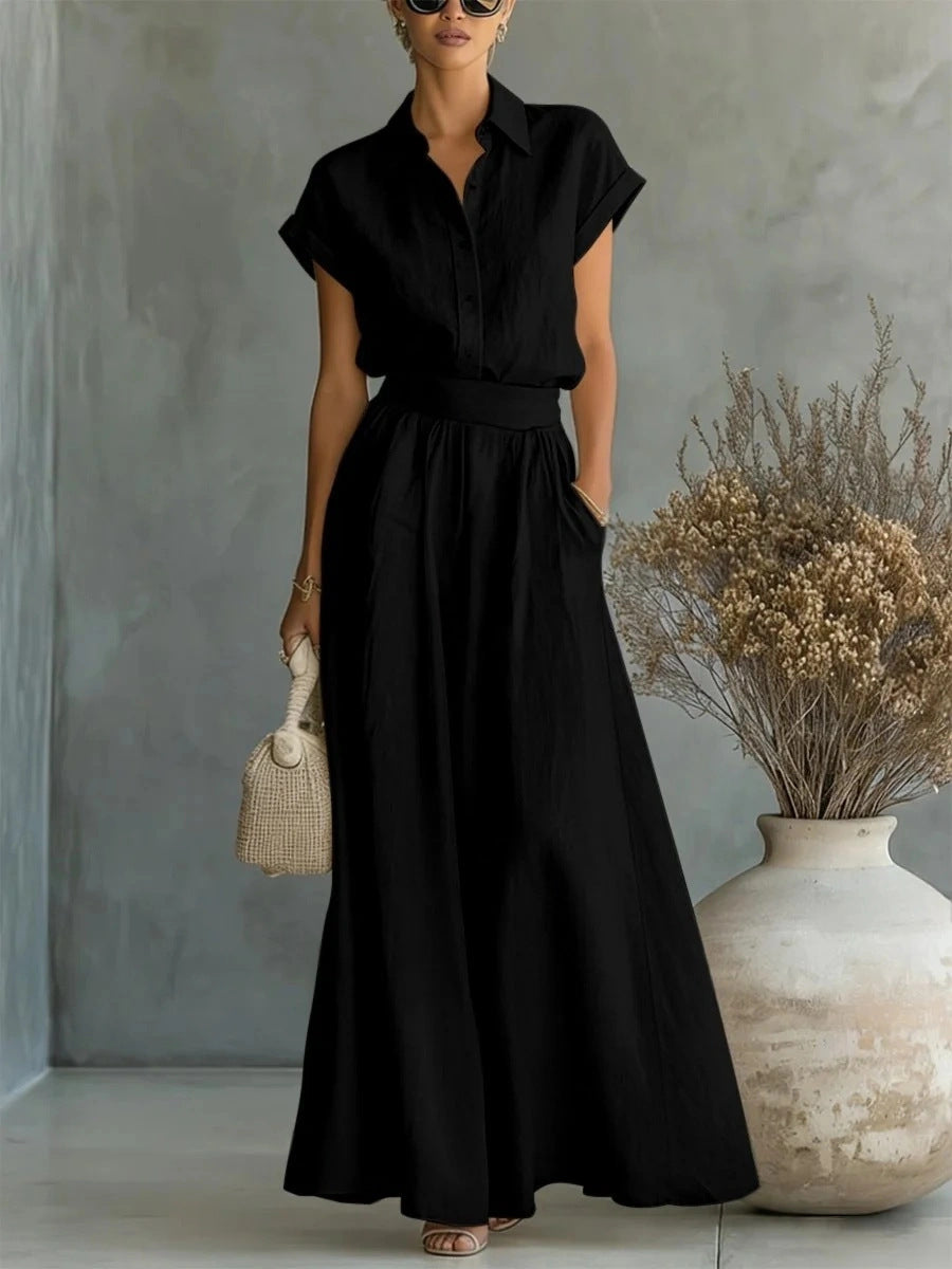Fashionable Solid-Colored Shirt & Wide-Leg Pants Suit