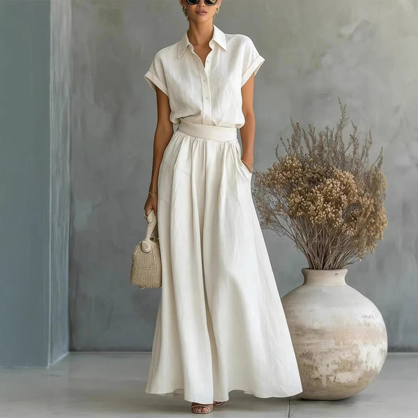 Fashionable Solid-Colored Shirt & Wide-Leg Pants Suit