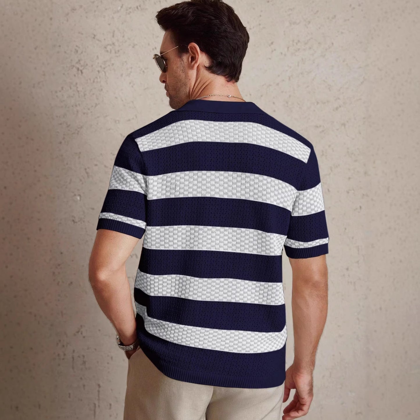 Mens Striped Knitted Short-Sleeve Polo T-Shirt