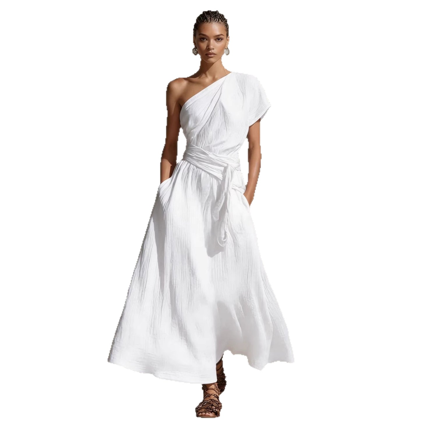 Long One-Shoulder Dress with Neckline & Waist Tie