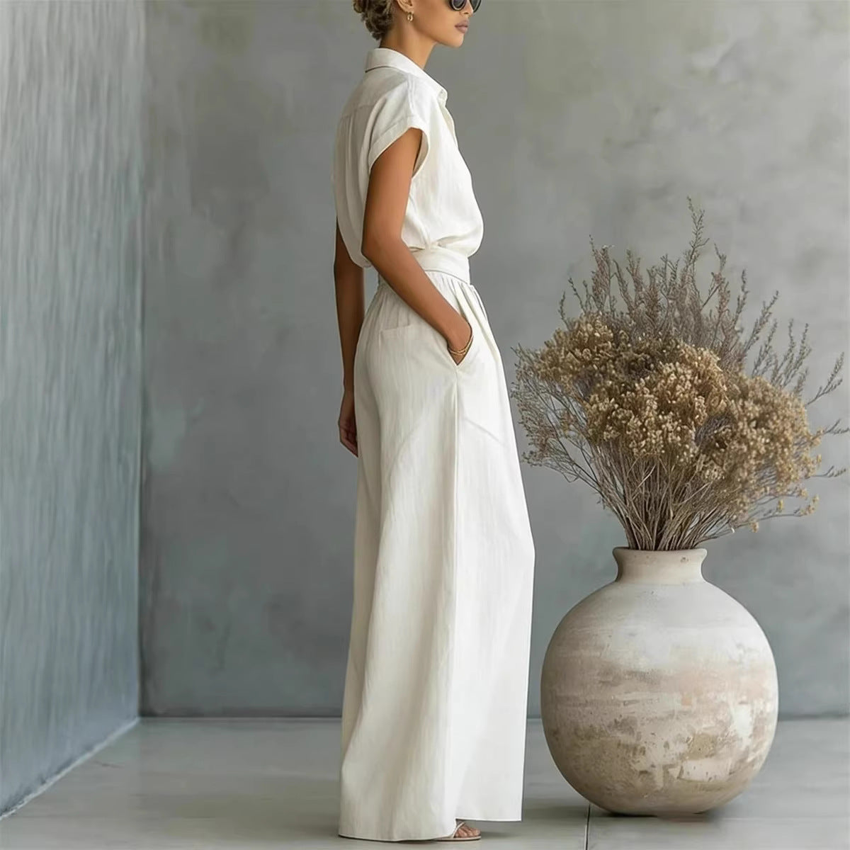 Fashionable Solid-Colored Shirt & Wide-Leg Pants Suit