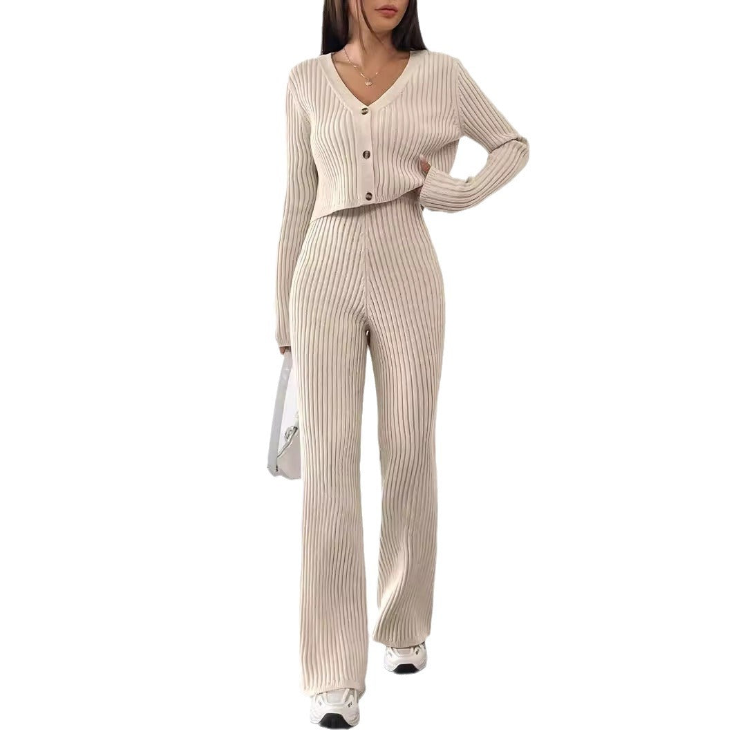 Sunken Stripe Knit Top & Straight Pants Combo