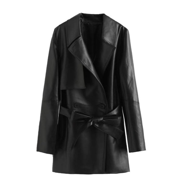 Elegant Leather Long Sleeve Coat